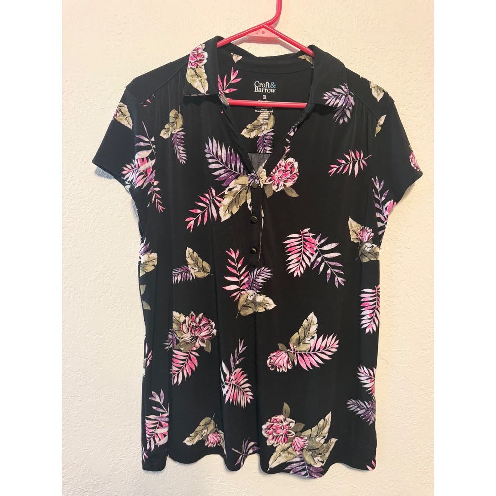 Croft & Barrow Womens XL Black Tropical Floral Short Sleeve Polo Shirt 91049